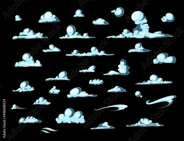 Fototapeta Set of blue sky, clouds isolated. Cloud icon, cloud shape. Collection of different clouds. Graphic element vector. Vector design element in cartoon style