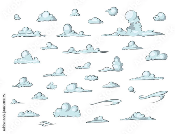 Fototapeta Set of blue sky, clouds isolated. Cloud icon, cloud shape. Collection of different clouds. Graphic element vector. Vector design element in cartoon style