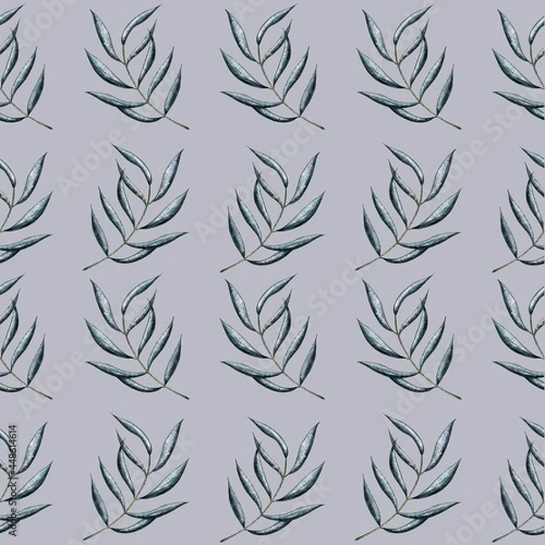 Obraz Seamless pattern, green leaves on grey background