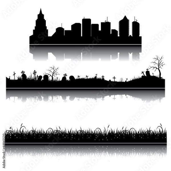 Obraz Zestaw wektor sylwetki miasta, trawy i cmentarza