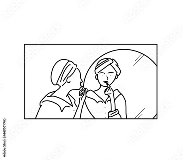 Obraz お化粧中のOLシンプル線画