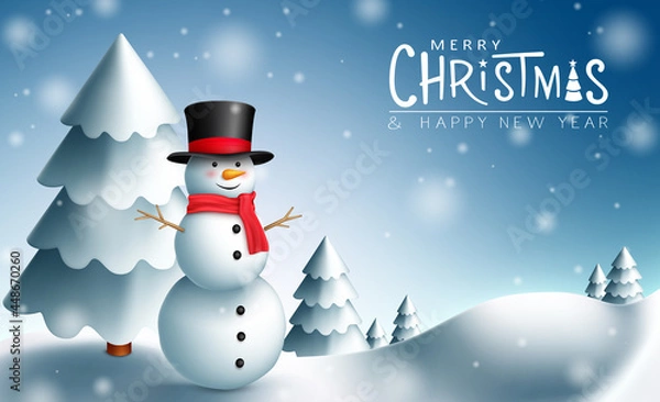 Fototapeta Christmas snowman vector design. Merry christmas greeting text with snowman character and fir tree element in snowy outdoor background for xmas holiday season celebration. Vector illustration
