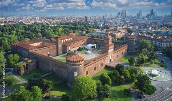 Fototapeta The residence of the dukes of Milan of the Sforza dynasty in Milan. Castello Sforzesco aerial view. Top view of Sforzesco castle in Milan Italy. The main Italian castle in Milan.