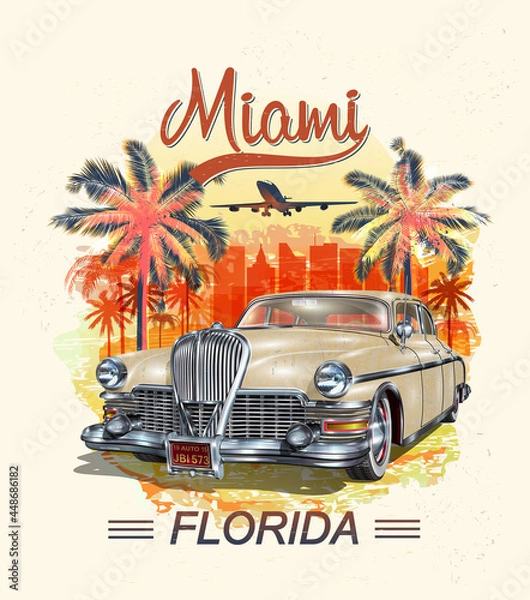 Fototapeta Miami typography for t-shirt print with palm and retro car.Vintage poster.