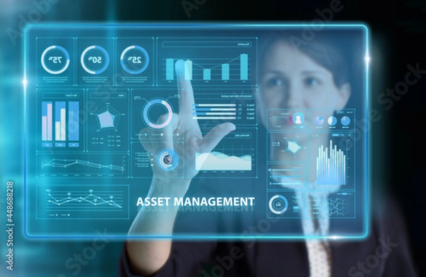 Fototapeta Business, Technology, Internet and network concept. Young businessman working on a virtual screen of the future and sees the inscription: Asset management