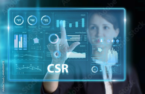 Fototapeta Business, Technology, Internet and network concept. Young businessman working on a virtual screen of the future and sees the inscription: CSR