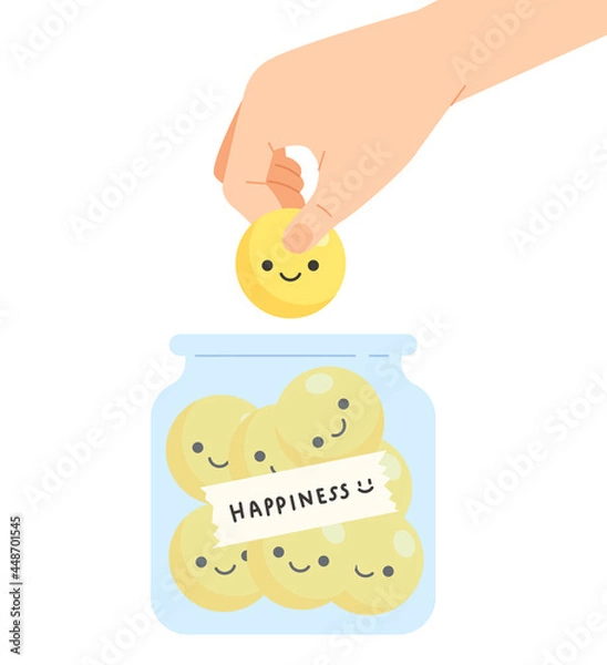 Obraz Happiness collector. Hand holding yellow smiling emoticon put into a "Happiness" jar. Concept of metal health, mental well-being, emotion, feeling, positive attitude. Flat vector illustration.