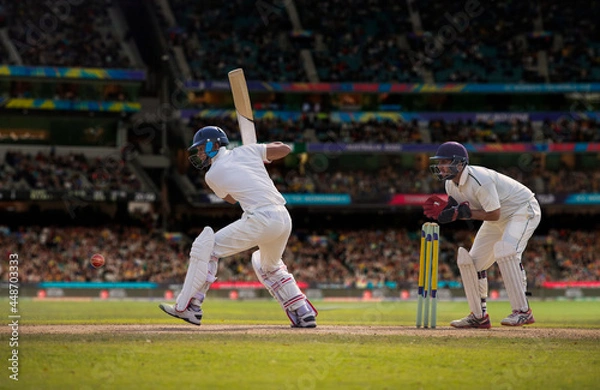 Fototapeta Cricketer batsman ready to hit a shot during a match on the pitch