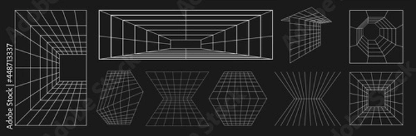 Fototapeta Zestaw retrofuturystycznych elementów projektu. Kolekcja siatek perspektywicznych, tuneli w stylu cyberpunkowych lat 80-tych. Elementy projektu cyberretrowave na plakat, okładkę, banery. Wektor