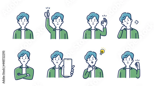 Obraz 若い男性の表情とジェスチャーのイラスト素材セット