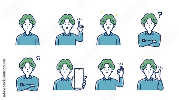 Obraz 若い男性の表情とジェスチャーのイラスト素材セット