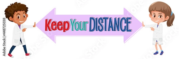Fototapeta Keep your distance banner with cartoon character