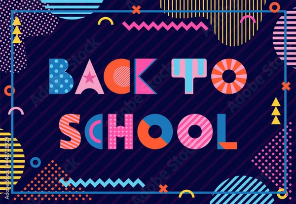 Fototapeta Back to school. Trendy geometric font in style of 80s-90s. Inscription and abstract geometric shapes on dark blue background