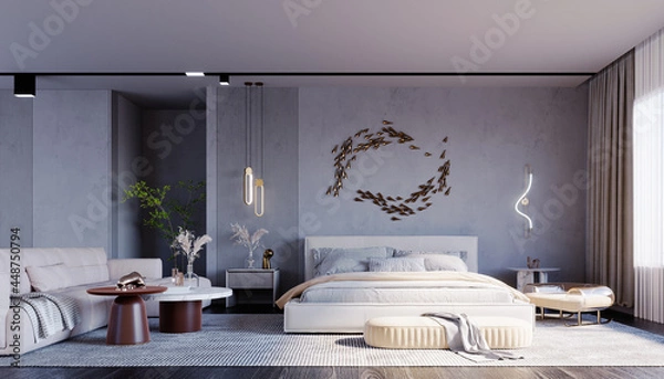 Obraz 3d rendering,3d illustration, Interior Scene and  Mockup,Polished plaster walls, light yellow bedroom furniture. white living room center table