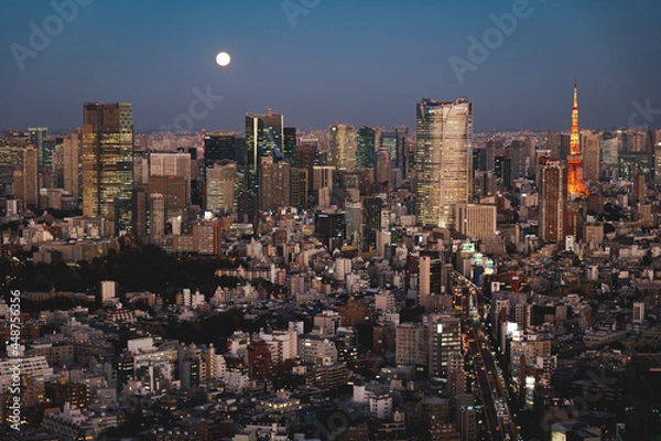 Fototapeta 渋谷から見た六本木方面の街並みと満月