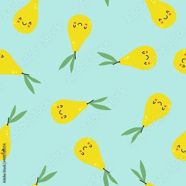 Fototapeta Seamless pattern with a yellow pear. Fruit background. Vector illustration, printing on fabric, wrapping paper and wallpaper.