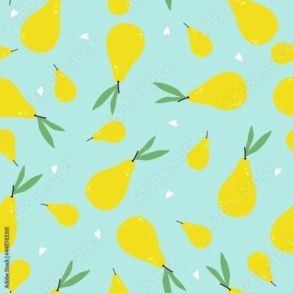 Fototapeta Seamless pattern with a yellow pear. Fruit background. Vector illustration, printing on fabric, wrapping paper and wallpaper.
