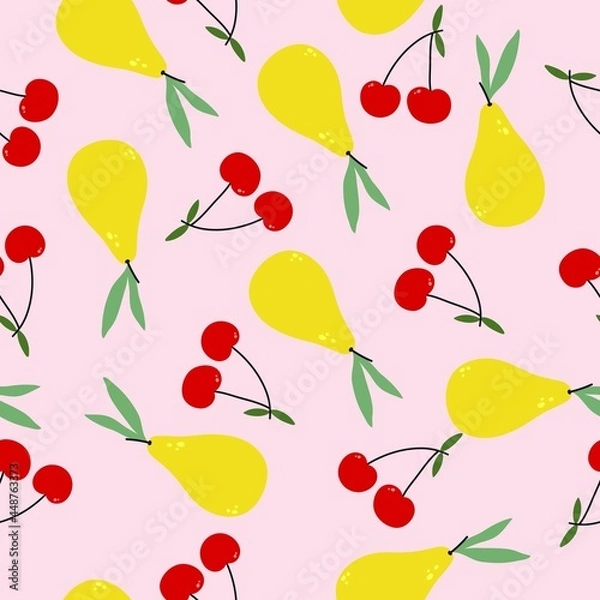 Fototapeta Seamless hand-drawn pattern with berries and fruits. Yellow pear and red cherry. Cute ornament for decor, fabric and wrapping paper