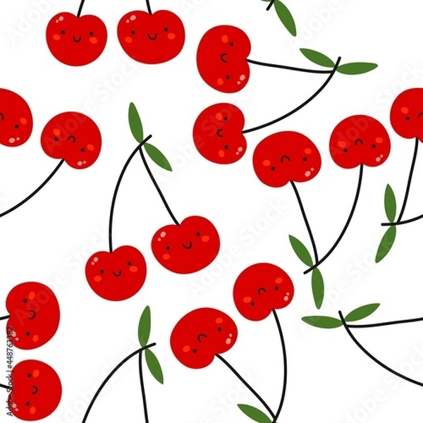 Fototapeta Cute cherries with a face. Seamless hand-drawn cartoon pattern with berries
