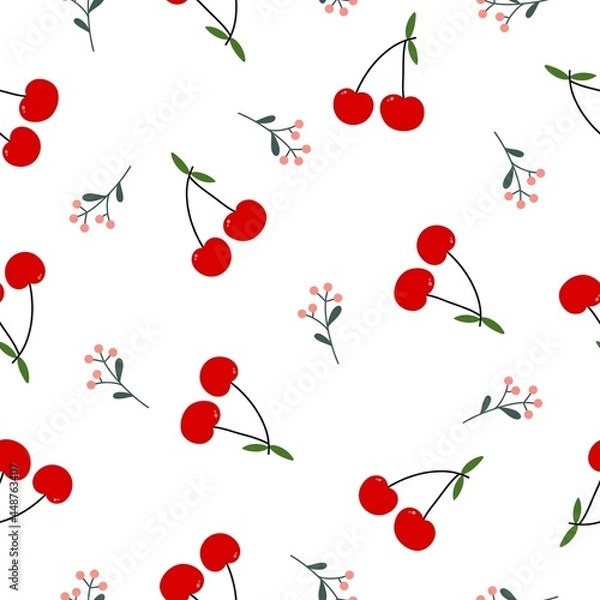 Fototapeta Cherry and pink flowers. Seamless hand-drawn pattern with berries and plants