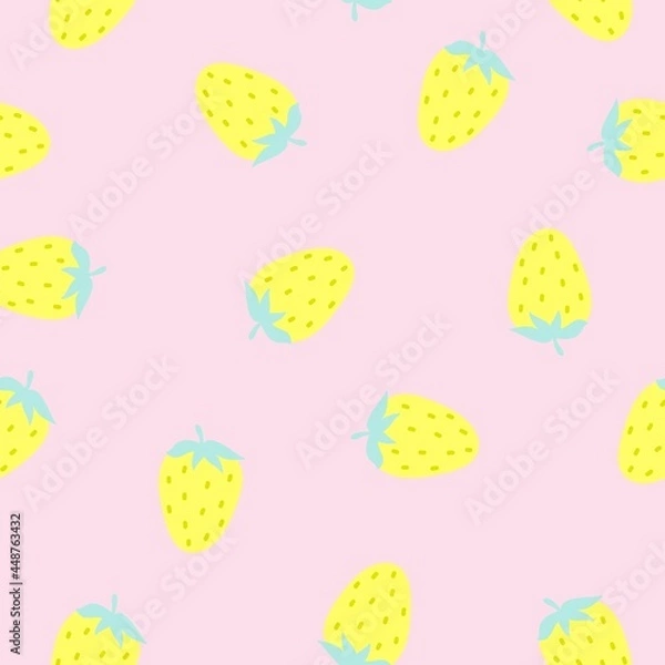 Fototapeta Seamless pattern with yellow strawberries on a pink background. A simple vector ornament with berries. For fabric, wrapping paper and decor