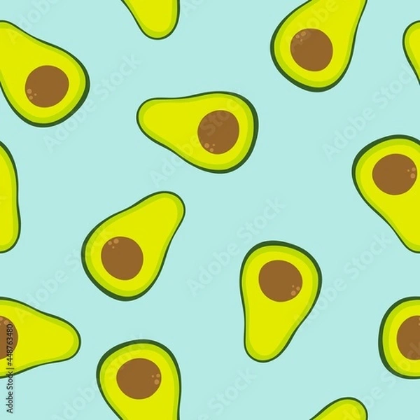 Fototapeta Avocado on a turquoise background. Seamless hand-drawn vector pattern with vegetables. For decoration, fabric and wrapping paper