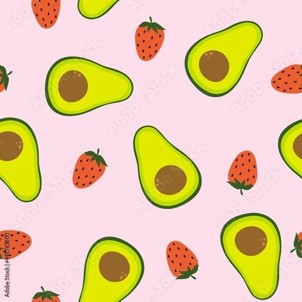 Fototapeta Avocado and strawberry on a pink background. Seamless vector pattern with berries and fruits