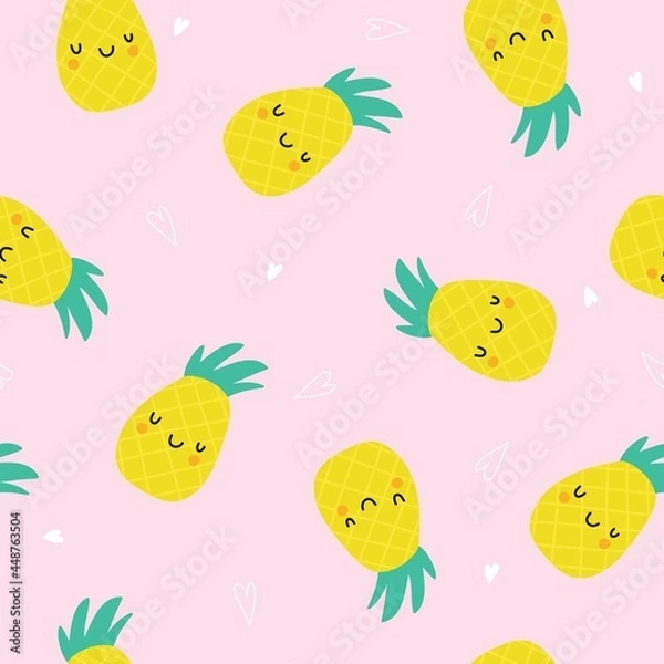 Fototapeta Seamless pattern with yellow pineapples on a pink background. Vector illustration, animated. Hand-drawn vector background with fruits.