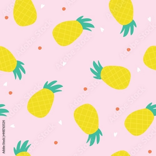 Fototapeta Seamless pattern with yellow pineapples on a pink background. Vector illustration, animated. Hand-drawn vector background with fruits.
