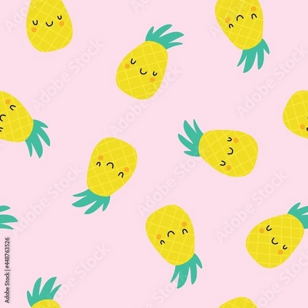 Fototapeta Seamless pattern with yellow pineapples on a pink background. Vector illustration, animated. Hand-drawn vector background with fruits.