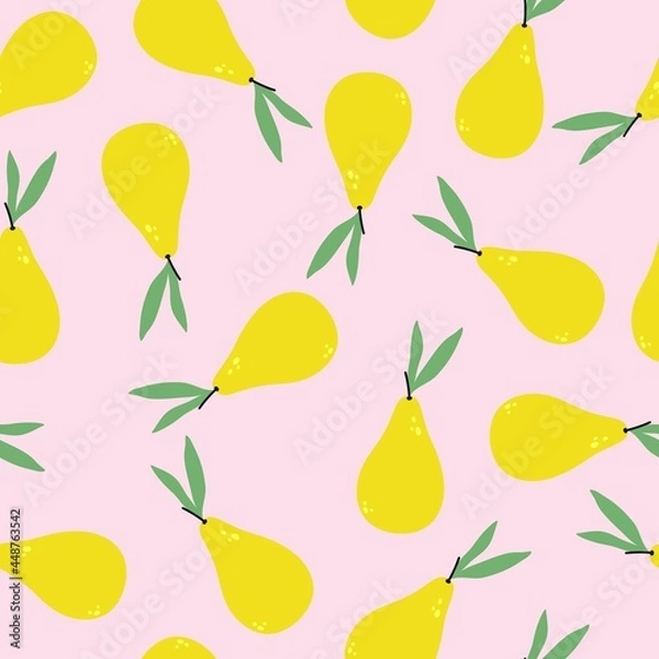 Fototapeta Seamless pattern with a yellow pear. Fruit background. Vector illustration, printing on fabric, wrapping paper and wallpaper.