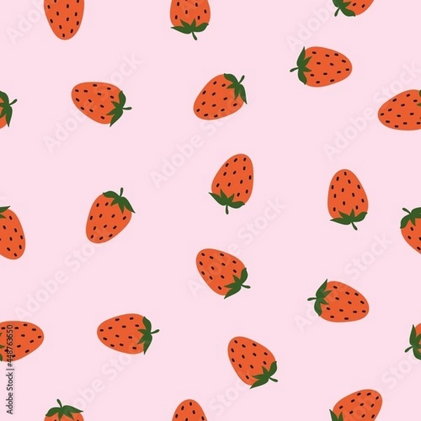 Fototapeta Seamless pattern with red strawberries on a pink background. A simple vector ornament with berries. For fabric, wrapping paper and decor