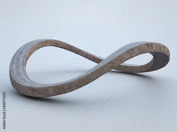 Fototapeta 3D rendering of infinity symbol road in adventure route concept. Earth land with asphalt driveway isolated on white background.