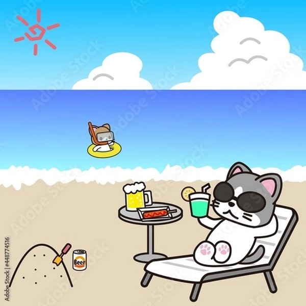 Fototapeta 夏に海水浴を楽しむ猫たち