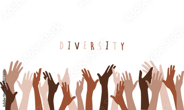 Fototapeta Rising of hands in colors. Vector illustration concept of diversity of people, difference color skins. 