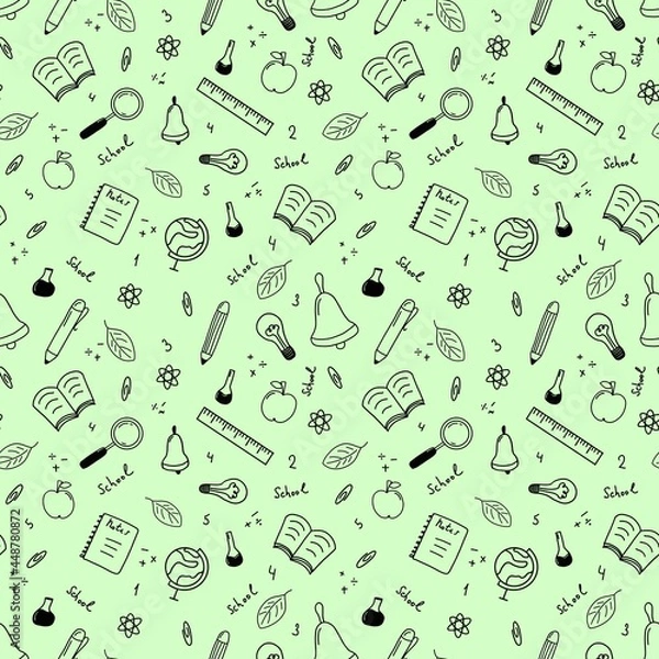 Fototapeta Seamless linear pattern with school subjects.  . The illustration is drawn with live lines by hand in the doodle style. Design for clothing fabric and other items.