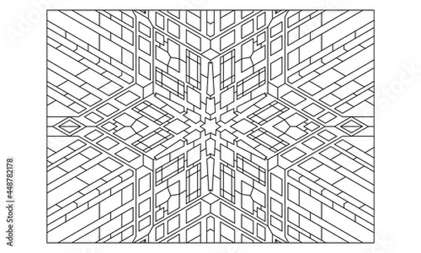 Fototapeta Landscape coloring pages for adults. Coloring-#332 Coloring Page of hexagonal mandala extended with variations in lines & square pattern on the background. EPS8 file.
