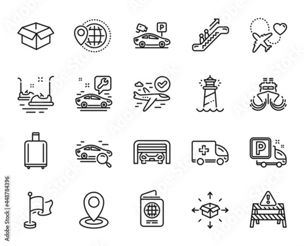 Fototapeta Vector set of Confirmed flight, Lighthouse and Escalator line icons set. Search car, Location and Honeymoon travel icons. Truck parking, World travel and Parking security signs. Vector