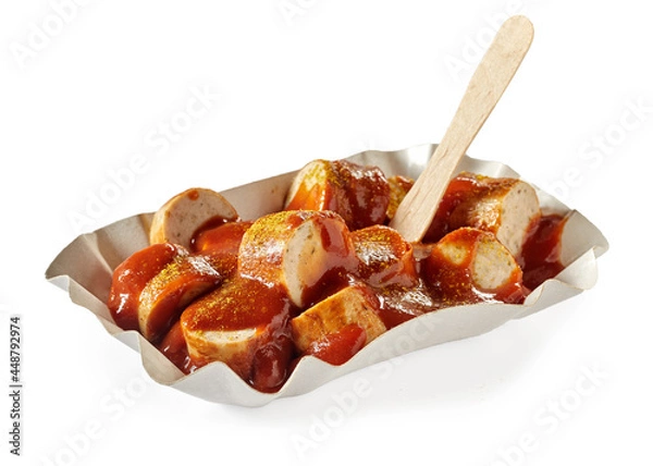 Fototapeta Smażone kawałki kiełbasy z keczupem curry w pojemniku