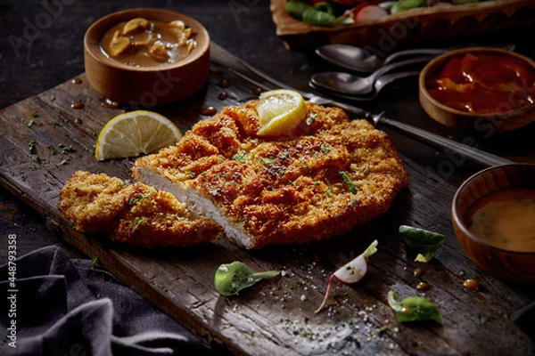 Fototapeta Delicious schnitzel with fresh lemon slices and assorted sauces