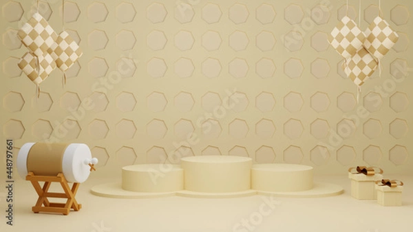 Fototapeta Islamic display decoration composition with 3d traditional bedug drum gift boxes and arabic lanterns
