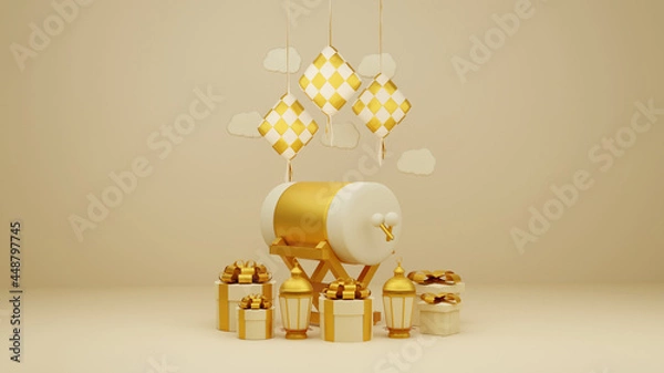 Fototapeta Islamic display decoration composition with 3d traditional bedug drum gift boxes and arabic lanterns