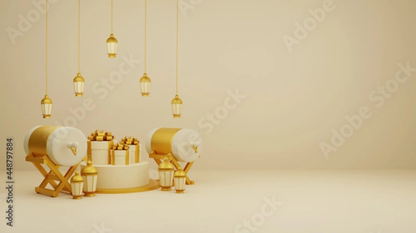 Fototapeta Islamic display decoration composition with 3d traditional bedug drum gift boxes and arabic lanterns