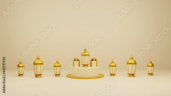 Fototapeta Islamic display decoration composition with 3d traditional bedug drum gift boxes and arabic lanterns