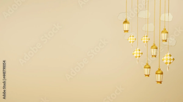 Fototapeta Islamic display decoration composition with 3d traditional bedug drum gift boxes and arabic lanterns