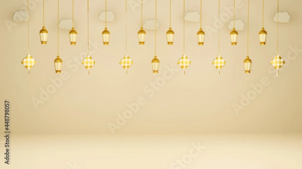Fototapeta Islamic display decoration composition with 3d traditional bedug drum gift boxes and arabic lanterns