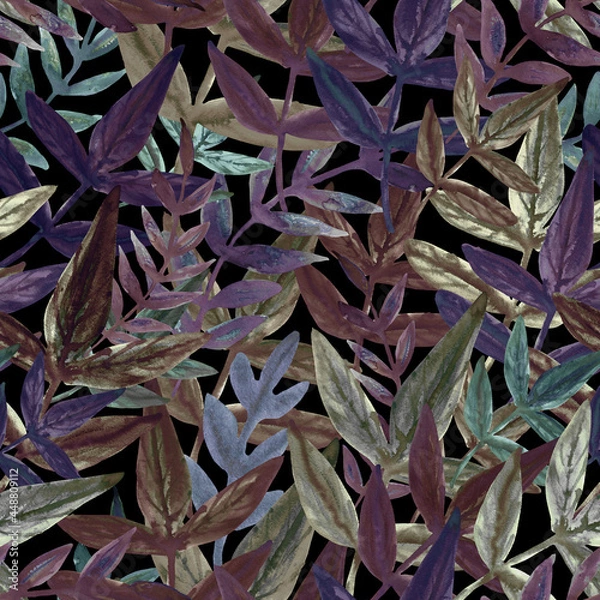 Fototapeta Botanical Seamless watercolor pattern with leaves. Fashionable botanical design. Hand drawing. Background for textile, paper, and other print and web projects. Design for banner, poster, print.