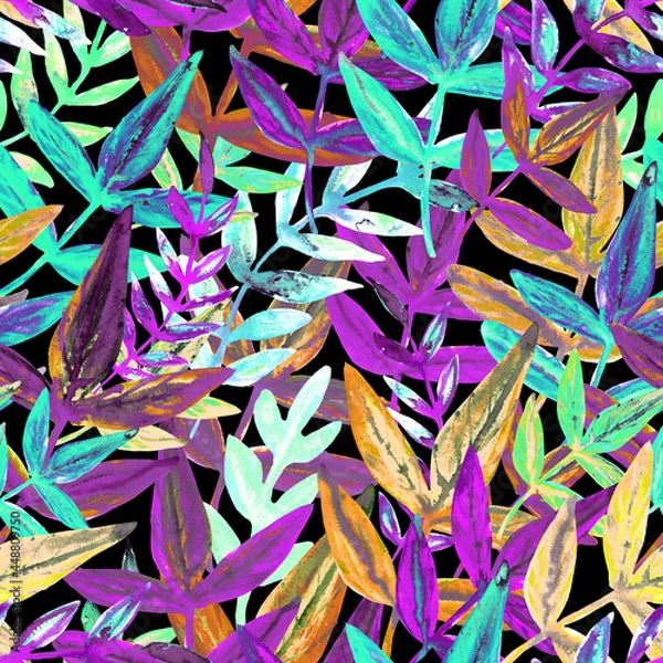 Fototapeta Botanical Seamless watercolor pattern with leaves. Fashionable botanical design. Hand drawing. Background for textile, paper, and other print and web projects. Design for banner, poster, print.