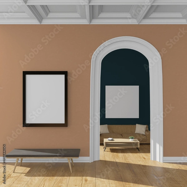 Fototapeta Contemporary living space with coffered ceiling, sofa, bench and empty frames for mockup