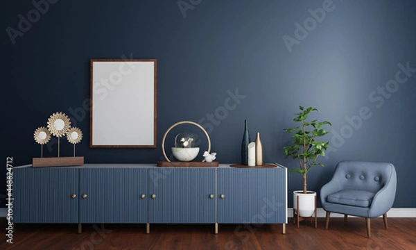 Fototapeta Blue room with cabinet, chair and empty frame for mockup